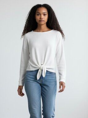 Set The Stage Long Sleeve Round Neck Ribbed Pullover Shirt-Size L-White